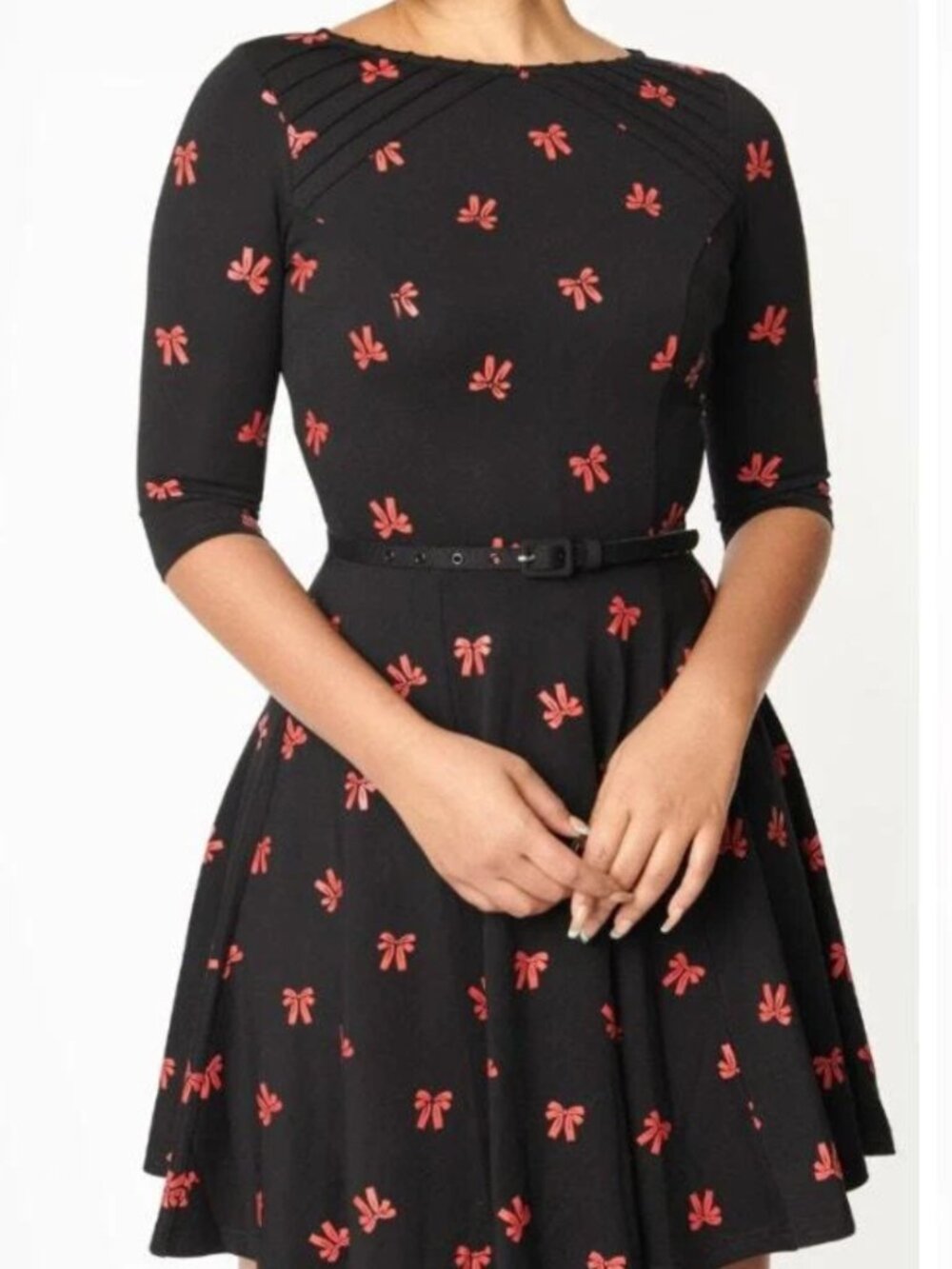 Unique Vintage Black & Red Bow Print Flare Dress - L